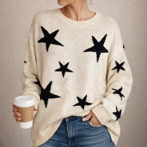 Umgee Star Print Sweater Medium Oversized Cream Black Boho Cozy Knit Pullover